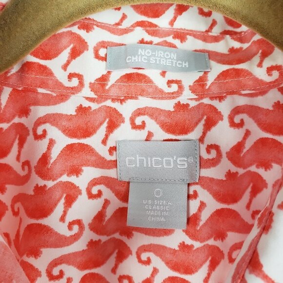 Chicos No-Iron Chic Stretch Button Up Seahorse Shirt Chicos 0 Womens Size 4 - Picture 4 of 6